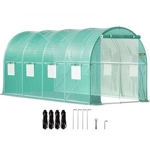 NEW SALE | Walk-in Tunnel Greenhouse, 15 x 7 x 7 ft Portable Plant Hot House w/ Galvanized Steel Hoops, 1 Top Beam, 2 Diagonal Poles, 2 Zippered Doors & 8 Roll-up Windows, Green