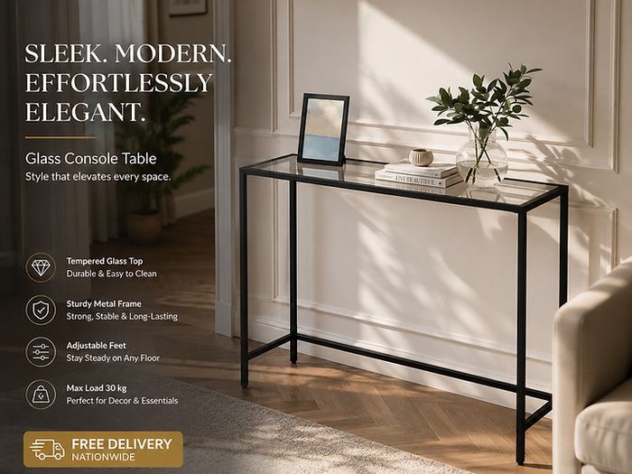 Console table black with tempered glass surface
