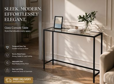 Console table black with tempered glass surface