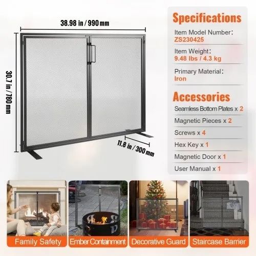 Fireplace Screen 1 Panel with Door, Sturdy Iron Mesh Fireplace Screen, 990(L) x780(H)MM Spark Guard Cover, Simple Installation, Free Standing Fire Fence Grate for Living Room Home Decor Modern