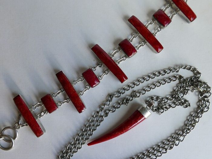 Vintage Red Fossilized Coral .925 Sterling Silver handcrafted Large Bali Bracelet and Red Coral Horn Pendant Necklace