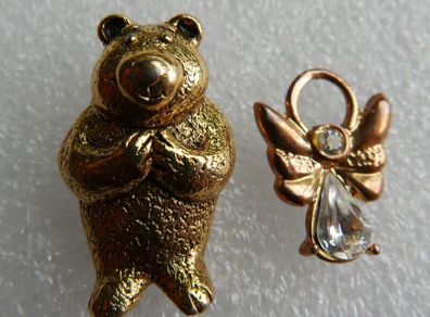 Vintage Teddy Bear Pin Gold Tone and Vintage Gold Tone Faux Diamond Angel Lapel Pin