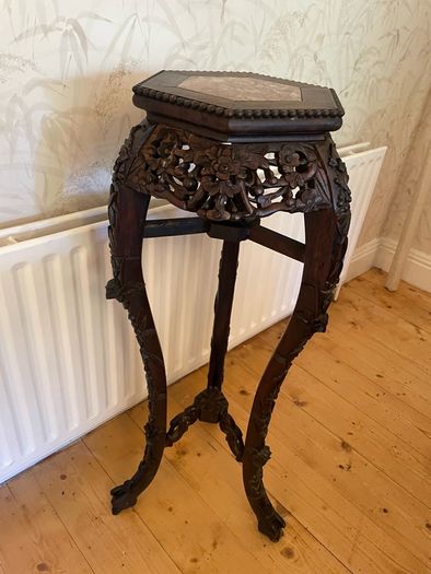 Antique Carved Oriental Plant / Lamp Table with Marble Top