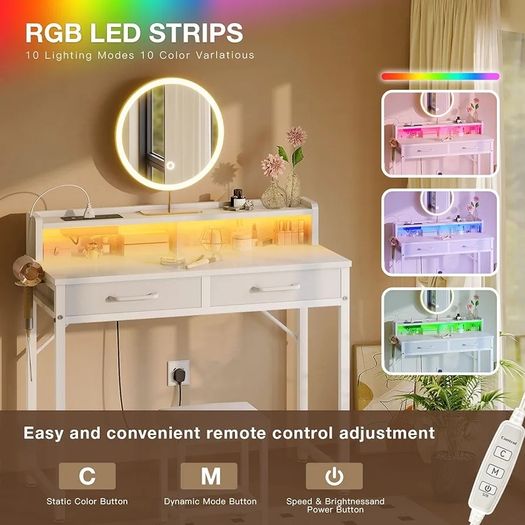 Dressing Table with LED Light Strip, Adjustable Colorful Brightness, Vanity Table with USB Power Outlets, White Vanity Desk with Stool, Makeup Desk with 2 Fabric Drawers, no Mirror, 80 /40/90cm