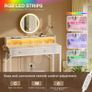 Dressing Table with LED Light Strip, Adjustable Colorful Brightness, Vanity Table with USB Power Outlets, White Vanity Desk with Stool, Makeup Desk with 2 Fabric Drawers, no Mirror, 80 /40/90cm Image 3