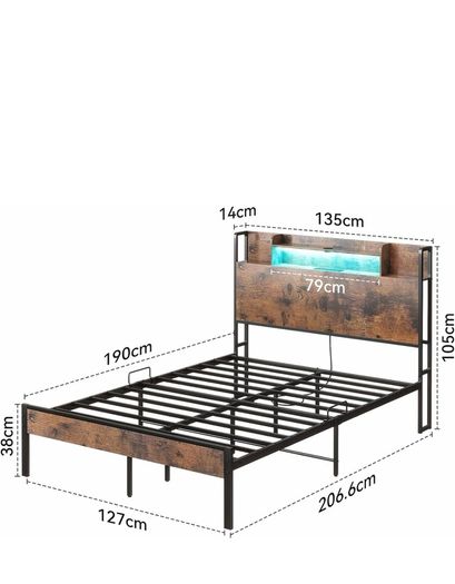 Double Bed Frame with Charging Station(2AC, 2USB) and LED, 135x190 Open Storage Shelves, Wooden Headboard, Metal Small Double Bed Frame with Underbed Storage, Strong Metal Slat Support