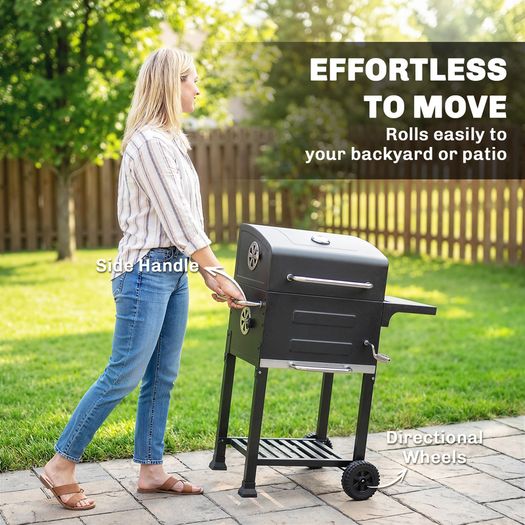 Portable Charcoal Grill with Stainless Steel Grates Side Shelf Thermometer Ash Pan and Wheels Black