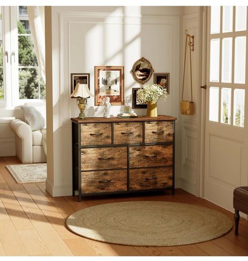 Chest of Drawers for Bedroom with 7 Drawers, Fabric Storage Drawer, Tall Brown Hallway Storage Unit