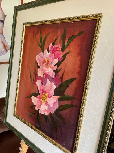 Vintage Peonies Floral Original Acrylic Painting In Ornate Frame