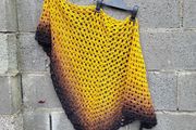 Handmade crochet triangle shawl wrap. Mustard yellow gradient ombre lacy shawl