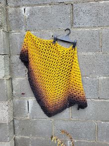 Handmade crochet triangle shawl wrap. Mustard yellow gradient ombre lacy shawl