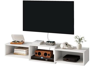 Floating TV Stand Wall Mounted,Wood TV Cabinet Media Console Shelf,Floating TV Unit for Under TV Storage for Living Room Bedroom Office,White