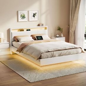 Bed frame with LED lighting and charging station 140 x 200 cm
