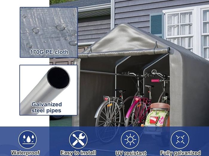 2.2M 1.6M Garden Waterproof Anti-UV Bike Storage Tent Bicycle Motorcycle Shed Shelter Outdoor Backyard Steel Frame PE Cover Zipper Door Large Grey