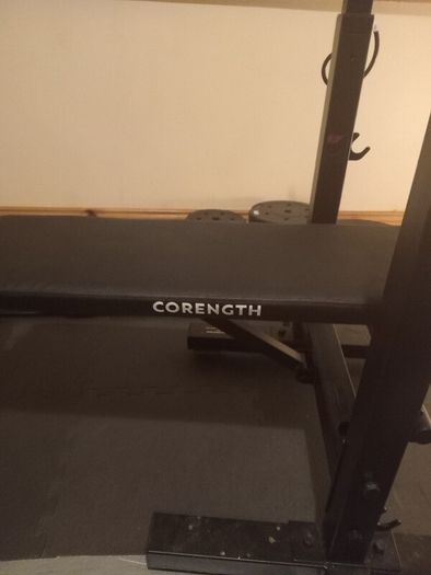 Bench, Barbell, Weights package.