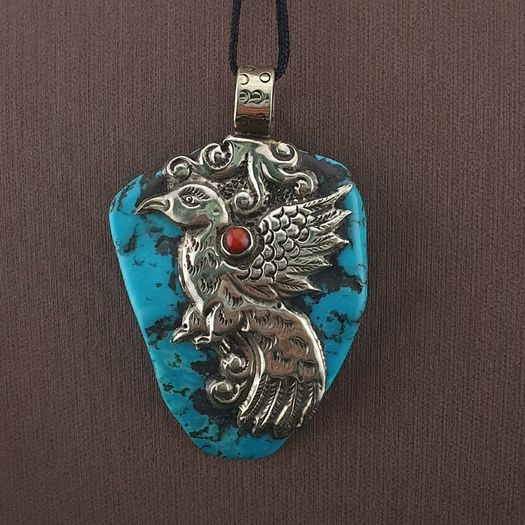 Vintage Silver Bird & Flower Desgin Turqouise Pendant