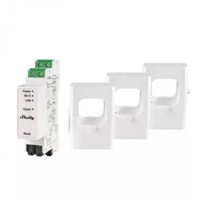 Shelly Pro 3EM (400A) - WiFi, LAN & Bluetooth 3-phase Smart Energy Meter, DIN-rail mountable, Real-time Voltage Amps Monitoring via app