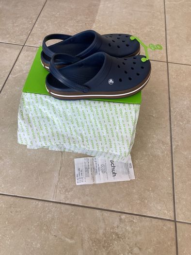 Crocs (Crocband) - navy with brown and white band  (Men's U.K. size 10).