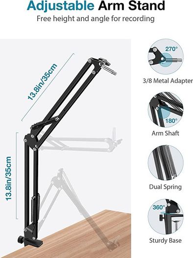 Microphone Stand Mic Arm Micro Boom Arm with 3/8" to 5/8" Screw Adapter, Mic Clip Holder, for HyperX QuadCast, Blue Snowball, Blue Snowball ICE, Blue Yeti, Blue Yeti X, Blue Yeti Pro (FREE POSTAGE)