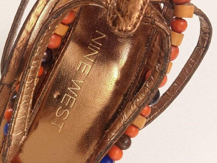 "NINE WEST", Ladies Gold Metallic, colour beaded strapped high heels in good condition