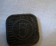 1942 Belgian 5 Centimes WWII Coin Vintage Square Coin