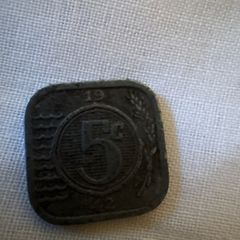 1942 Belgian 5 Centimes WWII Coin Vintage Square Coin