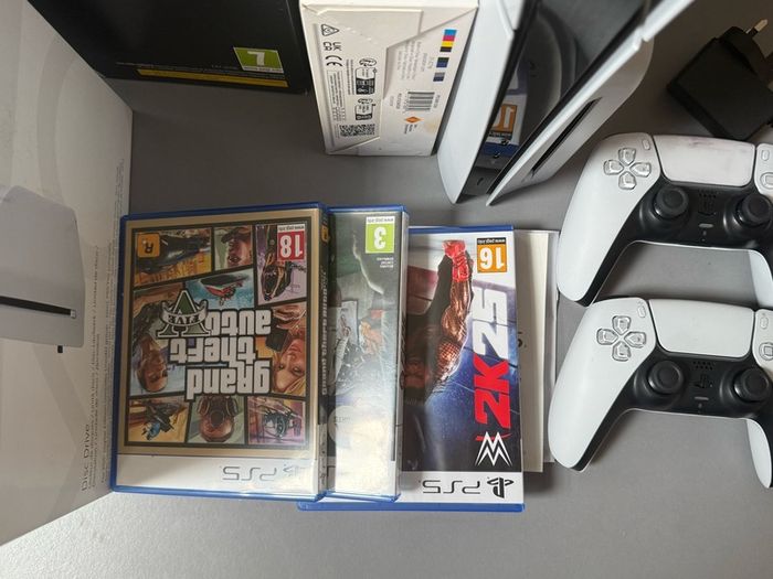 PS5 Digital Edition Bundle Disc Drive, 2 Controllers, Charging Dock and 3 Games  Excellent Condition