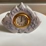 Rare Vintage Lladro Marbella Quartz Desk Clock (5652)  crafted from glazed white porcelain with delicate blue floral details and a gold rimmed face. Image 2