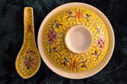 Vintage Chinese Jingdezhen Gaiwan Tea Bowl and Spoon Set Yellow Longevity Pattern