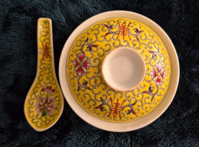 Vintage Chinese Jingdezhen Gaiwan Tea Bowl and Spoon Set Yellow Longevity Pattern