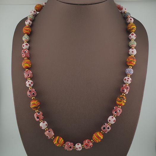 Antique Venetian Style Mix Eyes & Feather Desgin Glass Beads Necklace