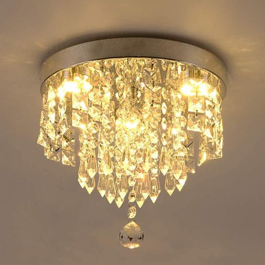 Crystal Chandelier,K9 Modern Led Ceiling Light Flush Mount Stainless Steel Fixtures,250mm,Beaded Light Shade with Clear Acrylic Jewel Droplets for Bedroom Dining Room Living Room