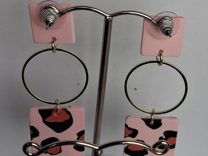 Pastel Pink Leopard Print Geometric Earrings