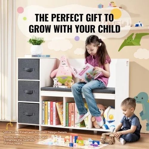 Toddler Bookshelf and Bookcase with Detachable Seat Cushion, 6-Cubby Storage Organizer Bench with 3 Drawers, Ideal for Playroom, Bedroom, Living Room or Entryway, White