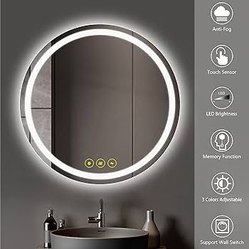 NEW SALE | 600mm Round Bathroom LED Mirror Illuminated Backlit Bathroom Circle Mirror with LED Lights for Wall Touch Switch Demister 3 LED Light Color Dimmable