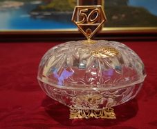 Killarney Crystal Cut Crystal Glass With Number 50 Lidded Jewelry Dish / Bowl With 22 Carat Gold Cover Handle and Footed Base Finishing Made In Ireland