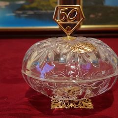 Killarney Crystal Cut Crystal Glass With Number 50 Lidded Jewelry Dish / Bowl With 22 Carat Gold Cover Handle and Footed Base Finishing Made In Ireland