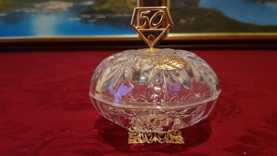 Killarney Crystal Cut Crystal Glass With Number 50 Lidded Jewelry Dish / Bowl With 22 Carat Gold Cover Handle and Footed Base Finishing Made In Ireland