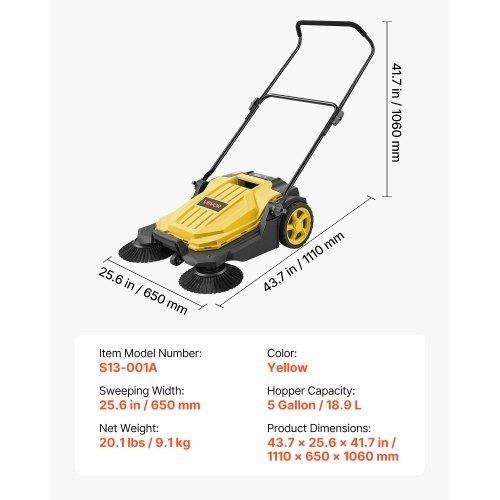 Walk-Behind Hand Push Floor Sweeper, Manual Floor Sweeper Non-Electric with 650mm Sweeping Width, 18.9L Waste Container & Adjustable Folding Handle for Yards Walkways Patios Garages - Yellow