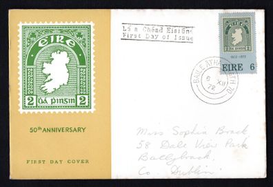 1972 Ireland 50th Anniversary of the First Irish Postage Stamp Commemorative Stamp Harp Cover Club First Day Cover (FDC)