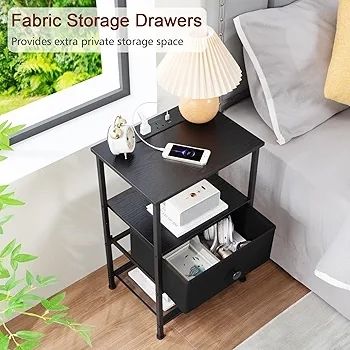 Bedside Table Set of 2 with Charging Station, Nightstand with Fabric Drawer, Small Side Table with Open Storage Shelf, Bedside Cabinets for Living Room, Bedroom, Small Space Black