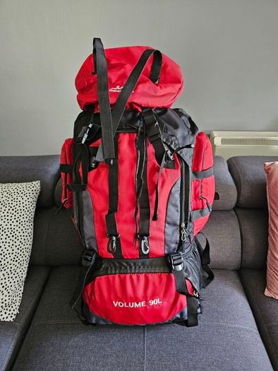 90 L Hiking backpack. Trekking backpack. Camping backpack. Red.