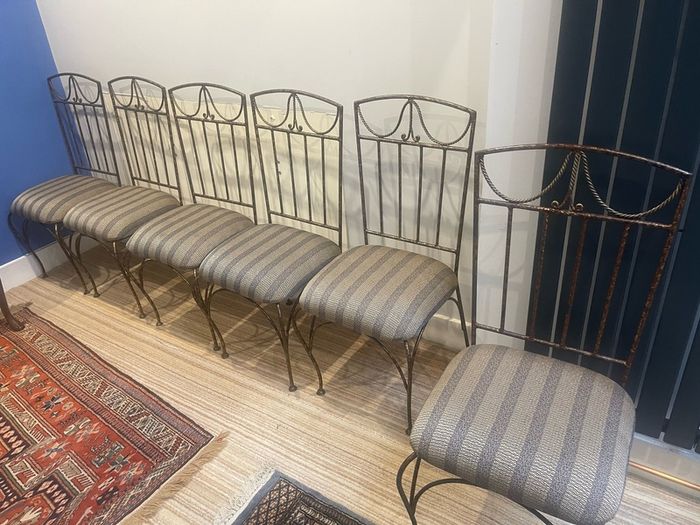 Handmade wrought iron dining chairs with silk seats x 6