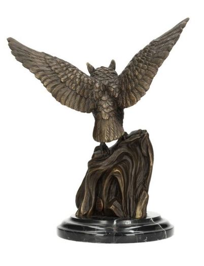 Majestic Bronze Owl Sculpture - Bronze, Marble, Signed