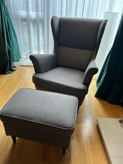 IKEA STRANDMON Wing Chair and footstool - Nordvalla dark grey