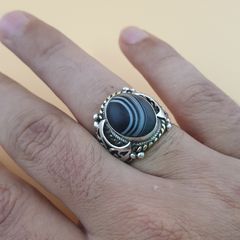 Vintage Brass & Suliemani Eye Agate With Silver Inlay Desgin Ring
