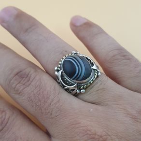 Vintage Brass & Suliemani Eye Agate With Silver Inlay Desgin Ring