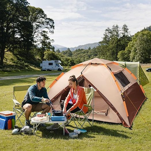 Camping Tent, Pop up Tent 4 Person Family Dome Tent Waterproof Windproof with 2 Mesh Doors, 2 Mesh Windows, Roof Skylights, 2 in 1 Double Layers, Storage Bag for Camping Hiking Backpacking (FREE POSTAGE)