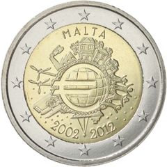 Malta 2 Euro Commemorative Coin 2012 - 10 Years of Euro. Uncirculated.
