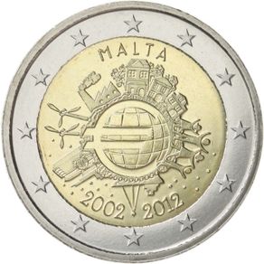 Malta 2 Euro Commemorative Coin 2012 - 10 Years of Euro. Uncirculated.